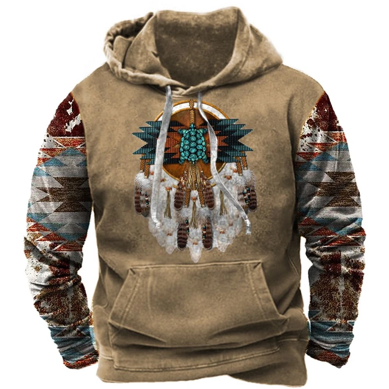 Vintage Indian Printed Men\'s Hoodie New Harajuku Clothing Streetwear Unisex Hooded Sweatshirt Male Brand Casual Pullover Tops
