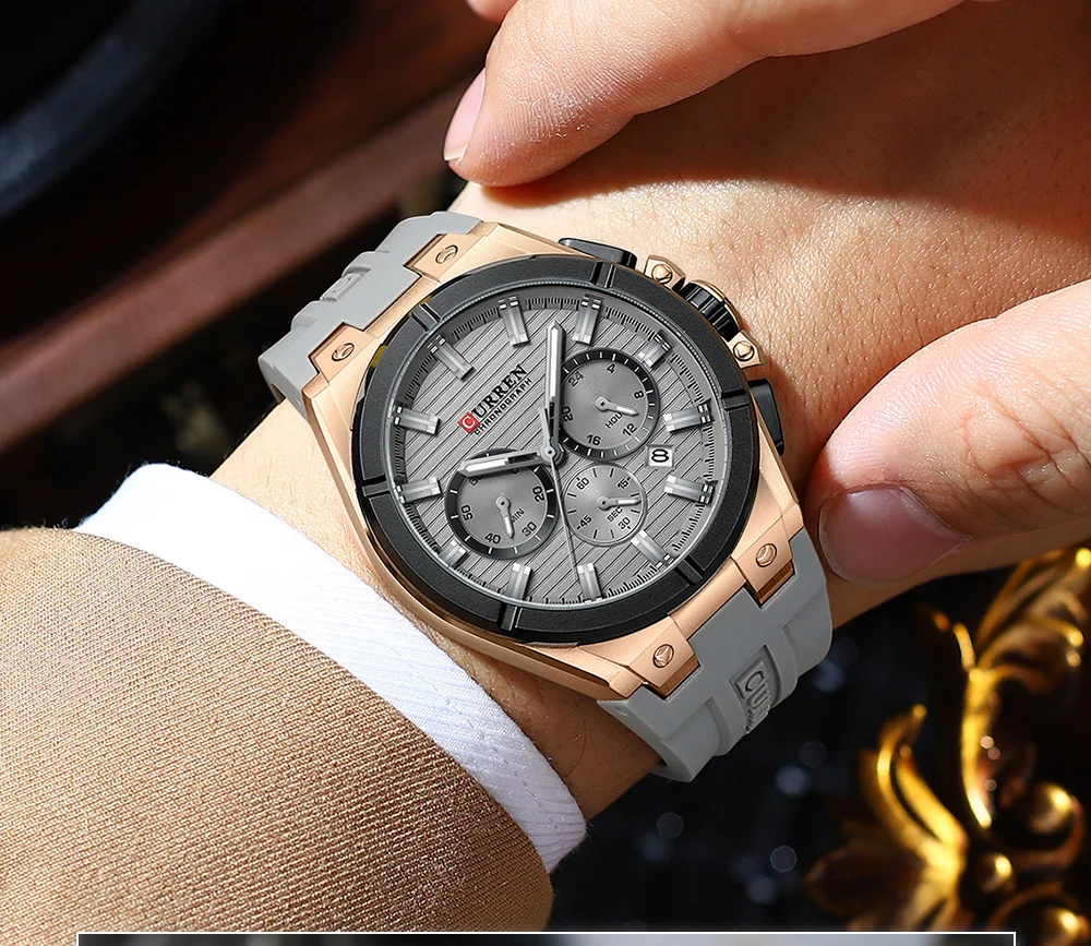 CURREN Herren-Luxus-Chronographenuhr mit 44-mm-Gehäuse, modische Quarz-Armbanduhr, lässiges Sport-Silikonarmband mit automatischem Datum. – Detail 10
