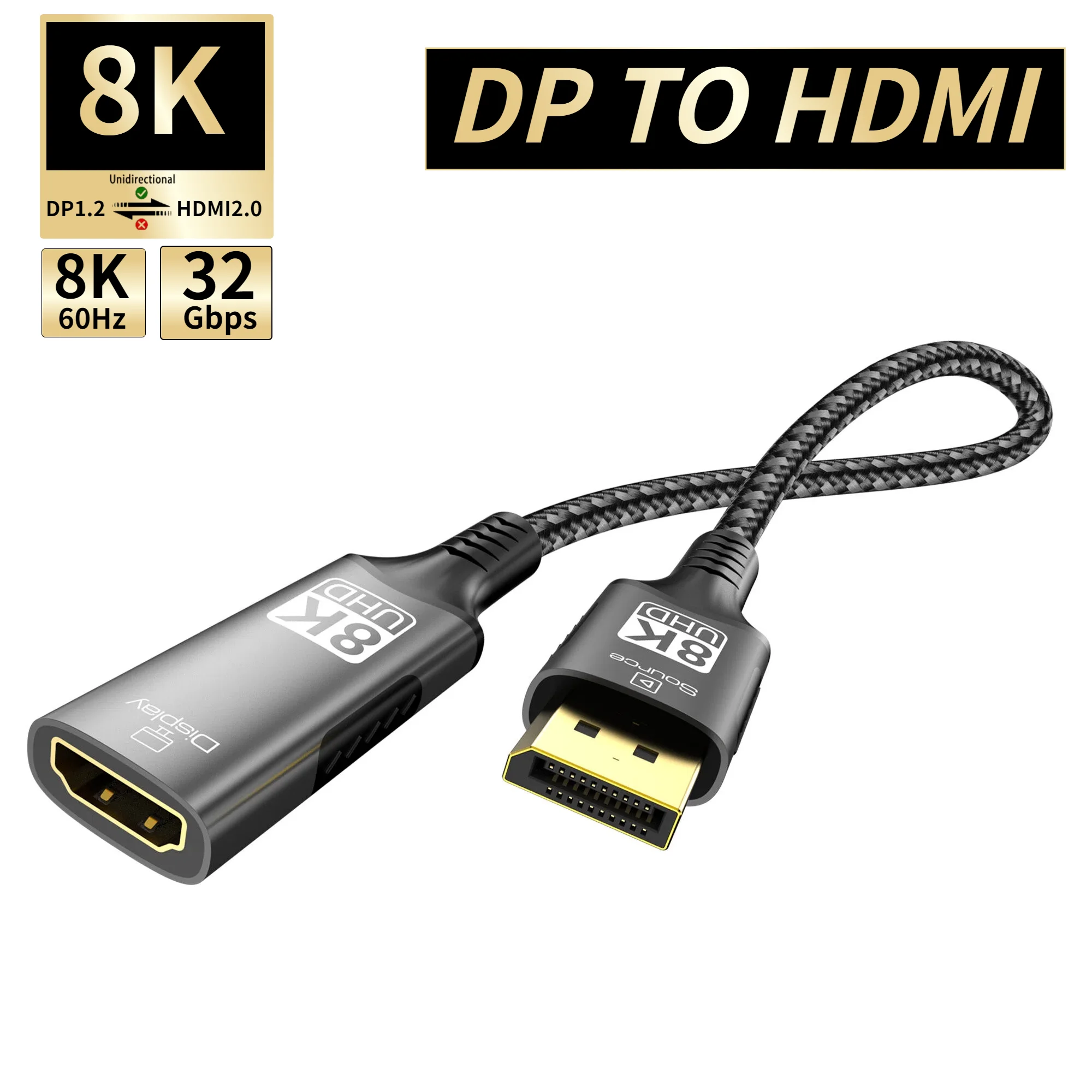 8K@60Hz DisplayPort to HDMI Adapter 4K@120Hz 2K@240Hz DP 1.4 Computer to HDMI 2.0 Screen DP to HDMI Extension Cable for Dell HP