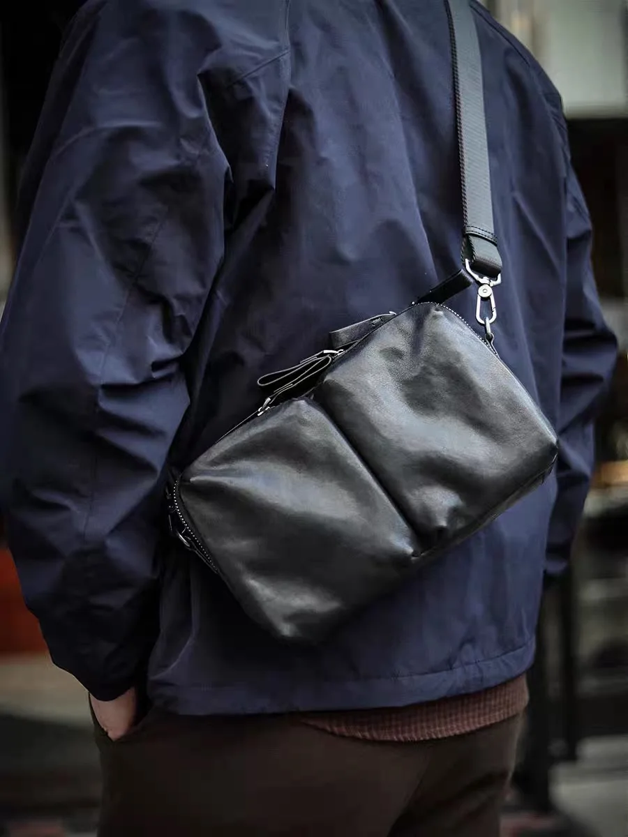 2026 New Genuine Leather Men's Single Shoulder Crossbody Bag Commuter Top Grain Cowhide Chest Pack Multiple Pockets Portable