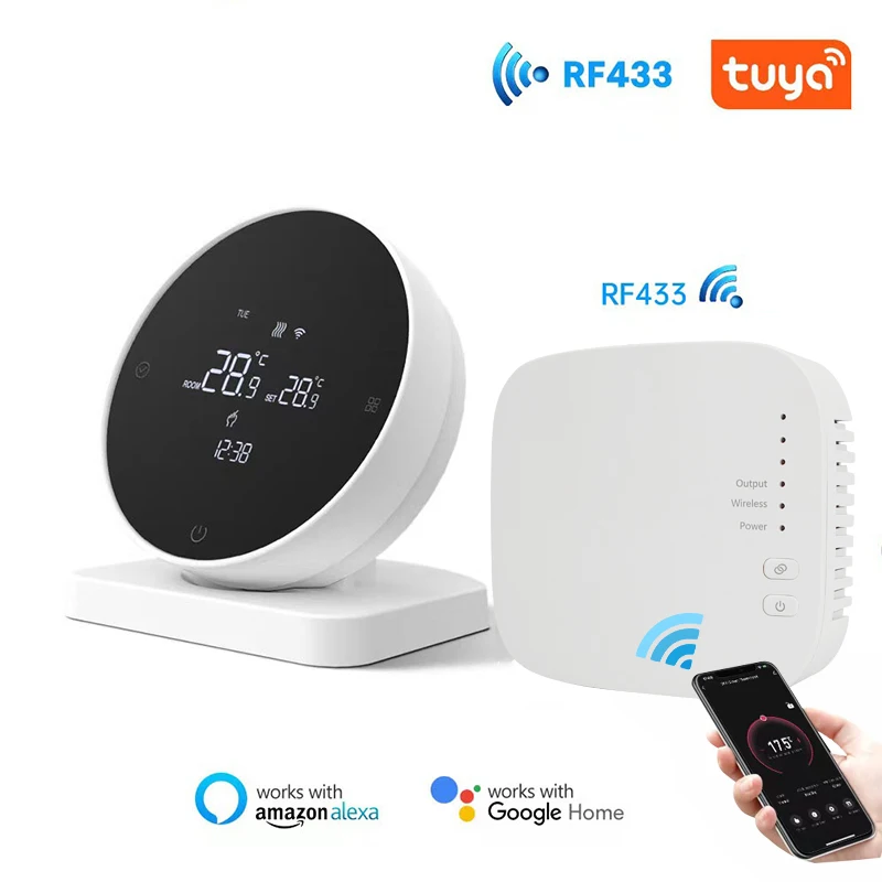 RKHK Tuya WiFi Wireless Thermostat RF433 Suitable for Water Gas Boiler and Supports Voice APP Remote Control