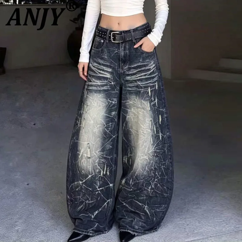ANJY Spring Autumn New Women American Style Retro Distressed Washed Denim Pants Stylish Niche Loose Wide-leg Curved Jeans A28467
