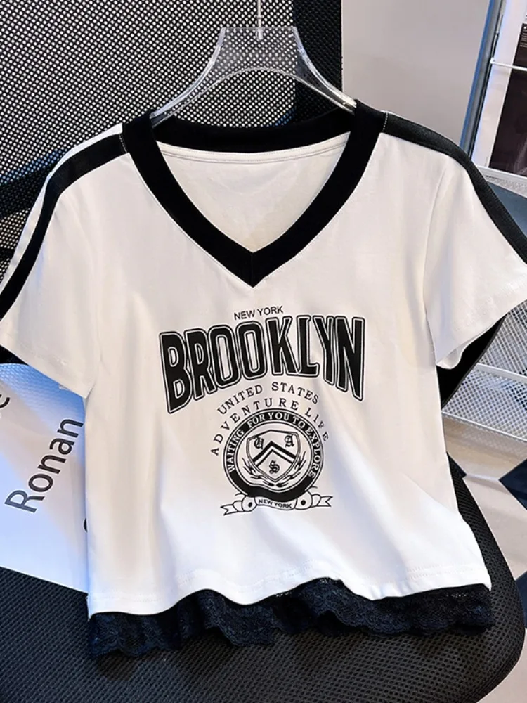 Summer ort Sve V-Ne Lace T-irt Women's Slim Fit  Design Self-Kee Sle Korean Commute Cotton Polyester Blend