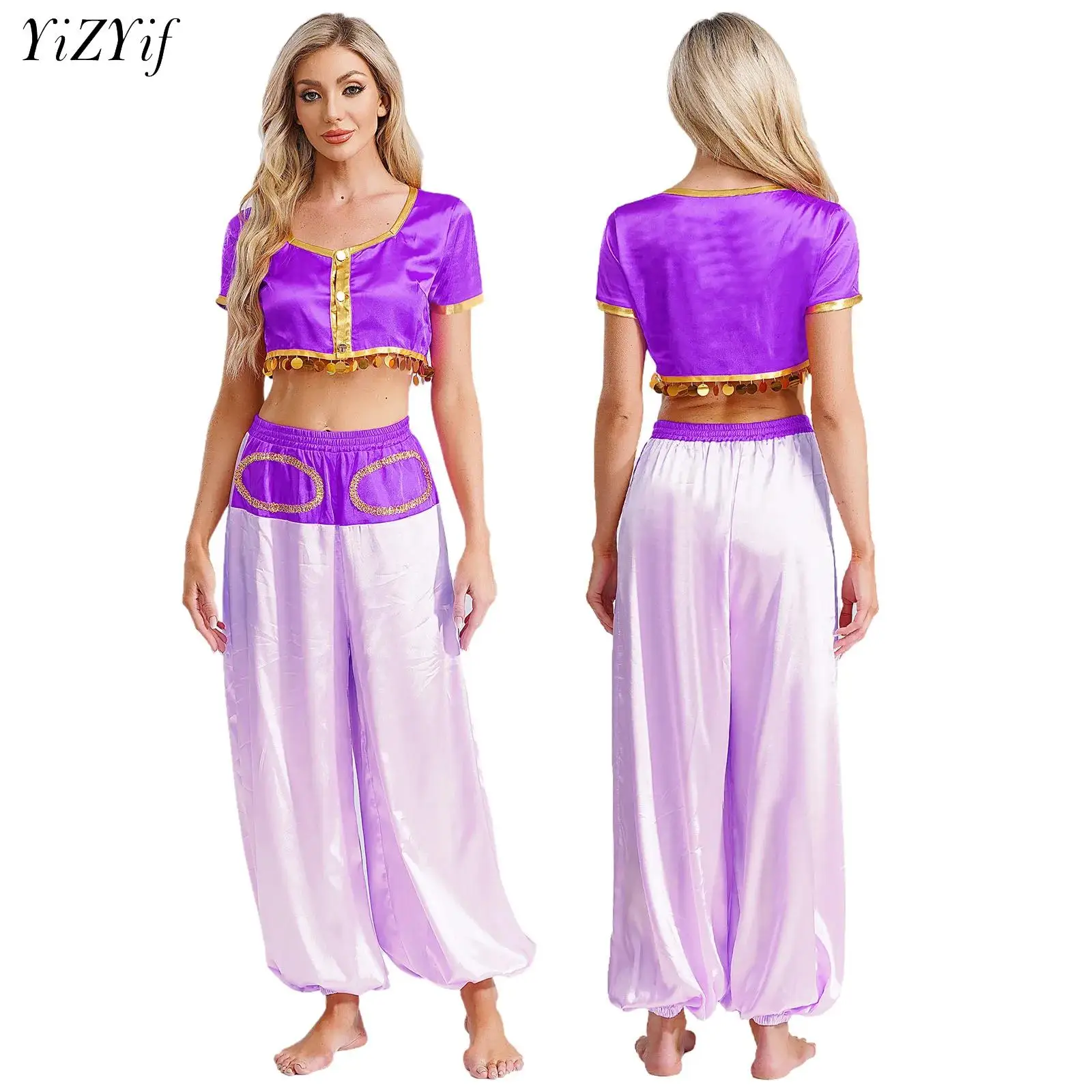 

Womens Indian Arabian Jasmine Princess Cosplay Costume Halloween Carnival Party Belly Dance Sequin Crop Tops with Harem Pants