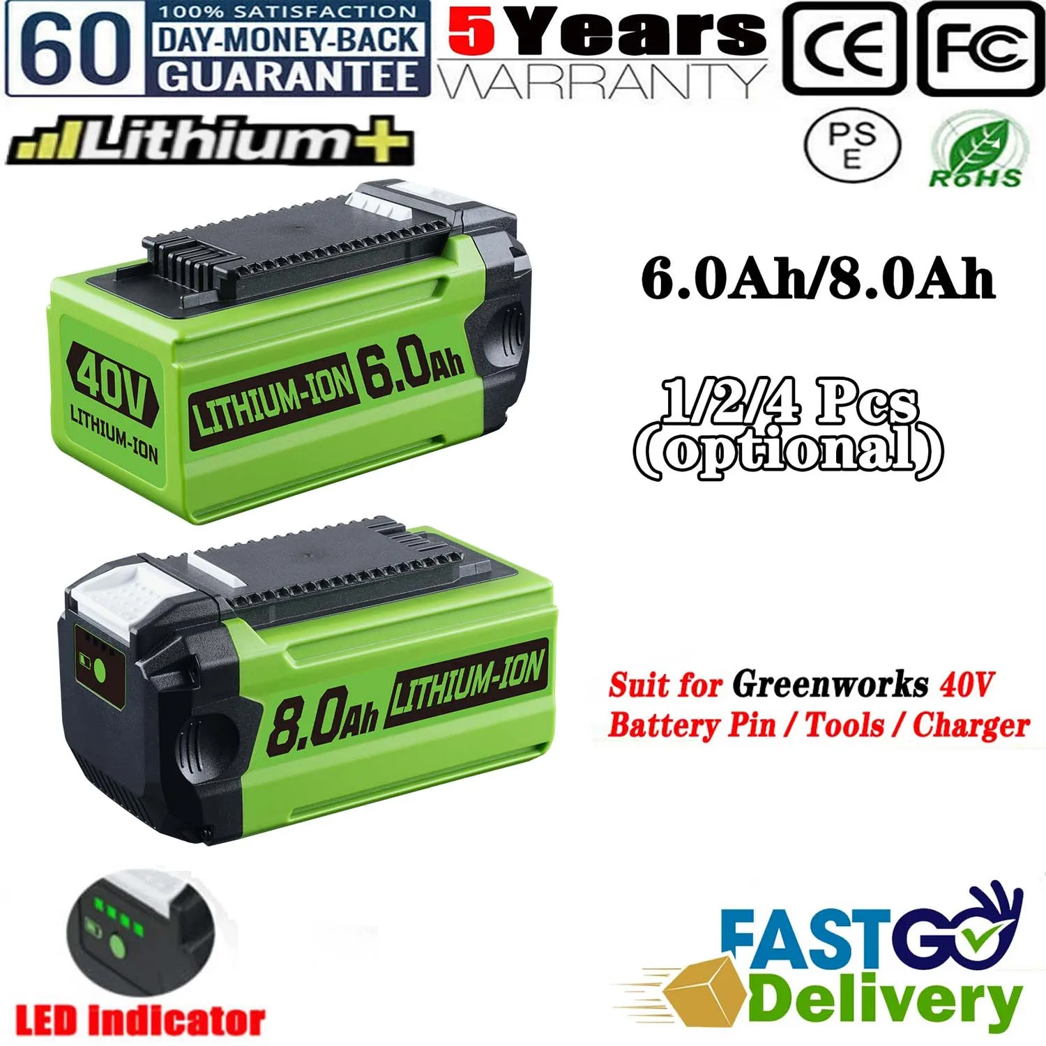 

1-4 шт. 6.0/8.0Ач 29462 Замена для литий-ионного аккумулятора GreenWorks 40V, совместима с моделями 29252, 22262, 29472, подходит для электроинструментов 40V G-MAX.