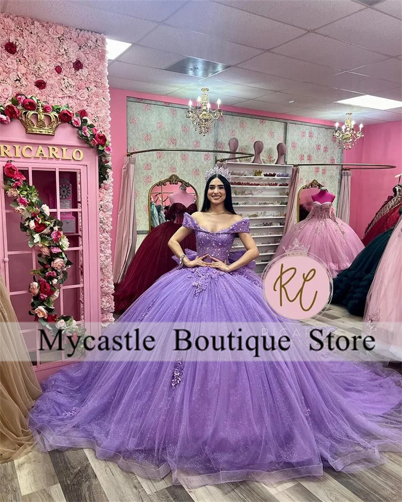 Vestidos de tul lavanda para quinceañera, vestidos de baile, apliques de encaje púrpura, lazo de cuentas, vestido de fiesta de cumpleaños dulce 16, con cordones, 2024