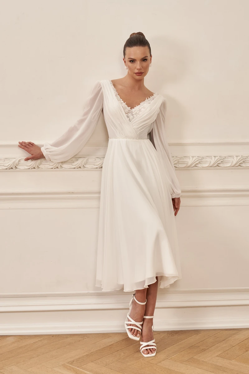 Simple Wedding Dress Chiffon Lace  V-Neck Long Puff Sleeve Backless Robe De Mariee Customize To measures Bridal Gowns Simple