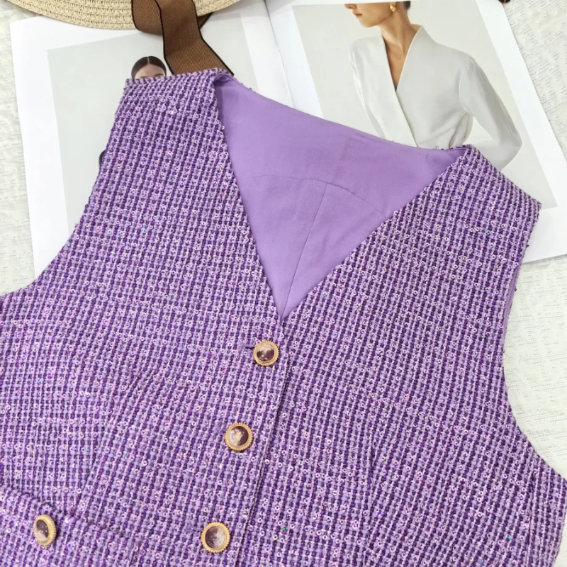 French Single-breasted Sequined Tweed Short V-neck Vest Women's Fashion Casual Party Small Fragrance Shorts Two-piece Set Summer