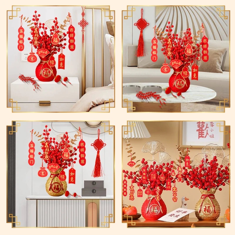 2024 Chinese New Year Home Decor Red Fortune Fruit Artificial Golden Eucalyptus Leaf Spring Festival Ornament Flower Arrangement