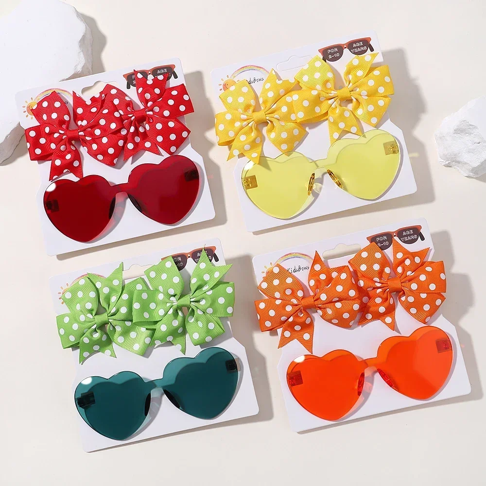 3Pcs/set Kids Sun Glasses Set Cute Solid Dot Hairpin Sun Glasses Set Girls Boutique Bowknot Hair Clips Children Hair Accessories