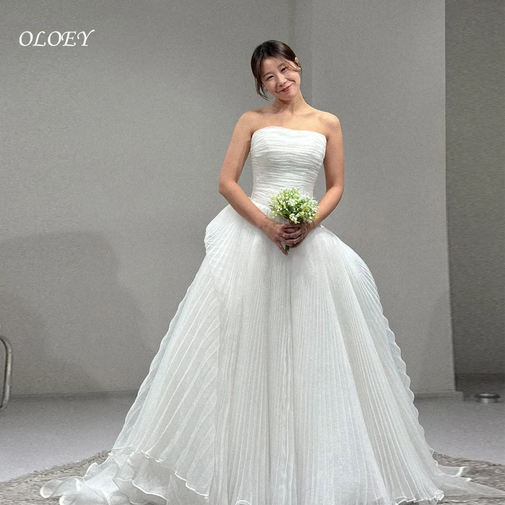 

OLOEY Strapless A-line Korea Wedding Dresses Customised Photoshoot Soft Pleats Tulle Floor Length Elegant Bridal Gowns