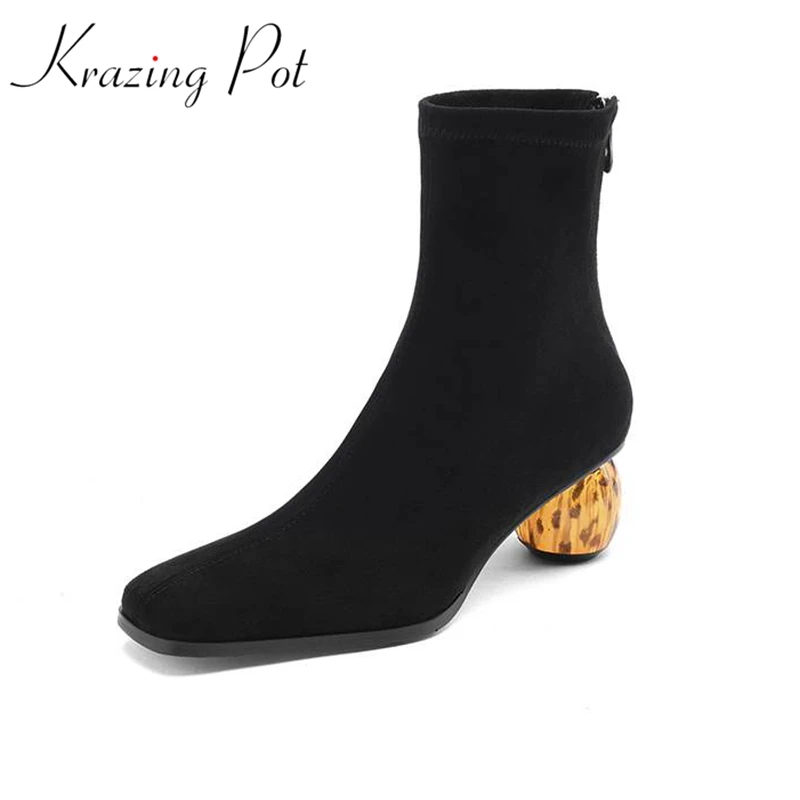 

Krazing Pot 2024 Flock Strange Style High Heels Square Toe Winter Warm Crystal Stretch Boots Gorgeous Zipper Dating Ankle Boots