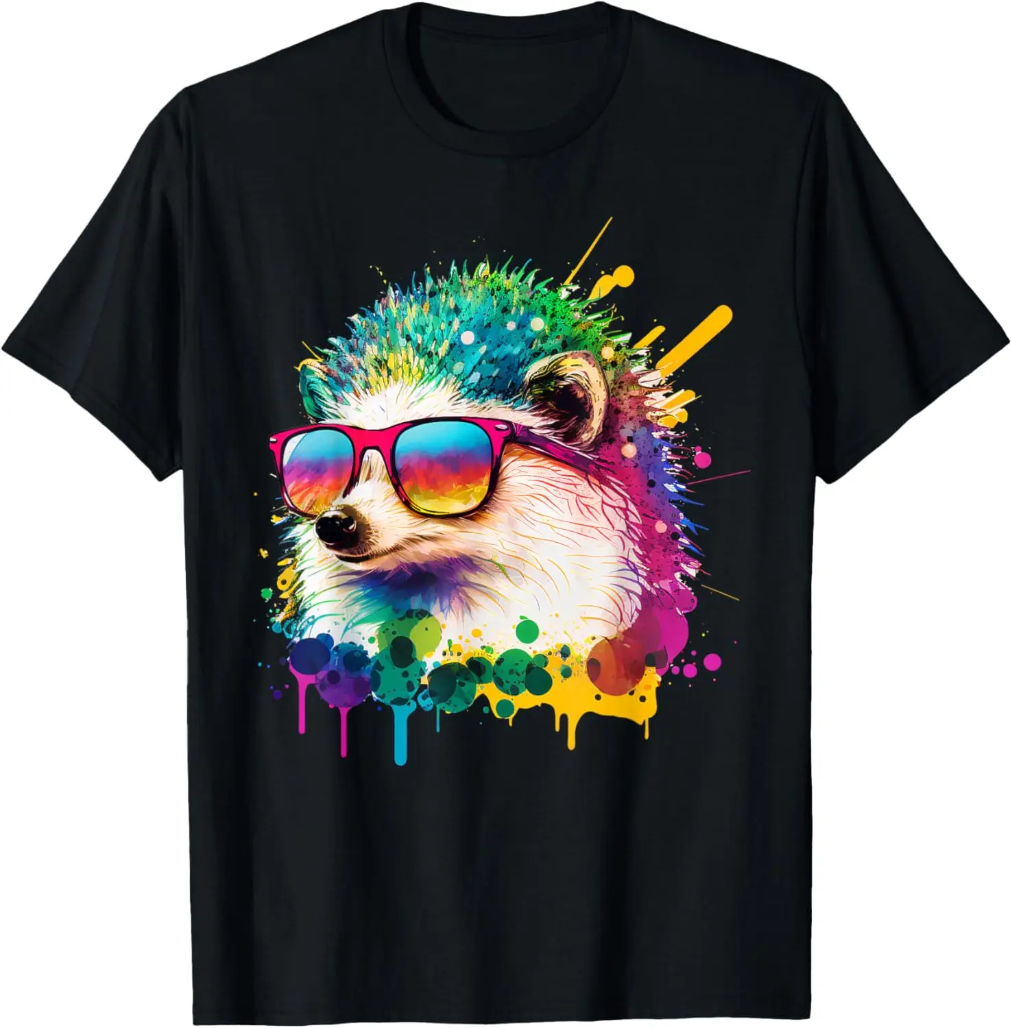 

Colorful Watercolor Hedgehog Wearing Sunglasses Graphic T-Shirt Men Casual Short Sleeve Trip Tee