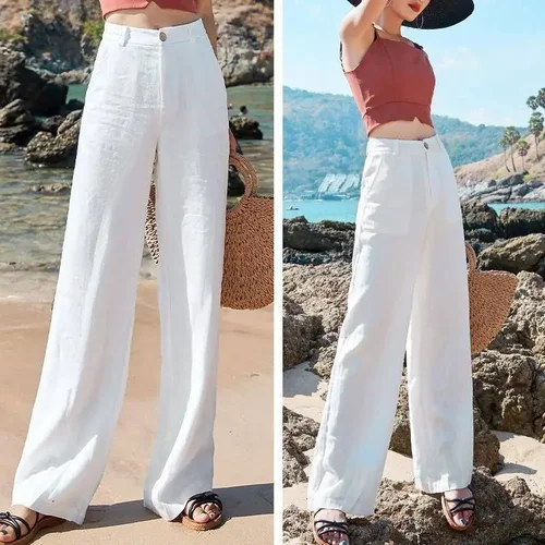 Imagen 2 del producto Ropa de mujer, pantalones largos de pierna recta de cintura alta elásticos de lino, pantalones de pierna ancha holgados de lino y algodón de Color sólido de verano para mujer