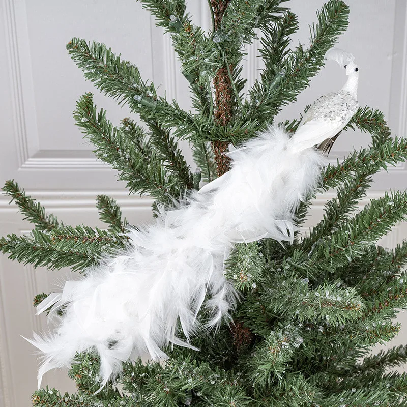 Artificial White Peacocks Feathered Christmas Ornament Simulation Birds Clip-On For Christmas Tree Wedding Decorations Pendant