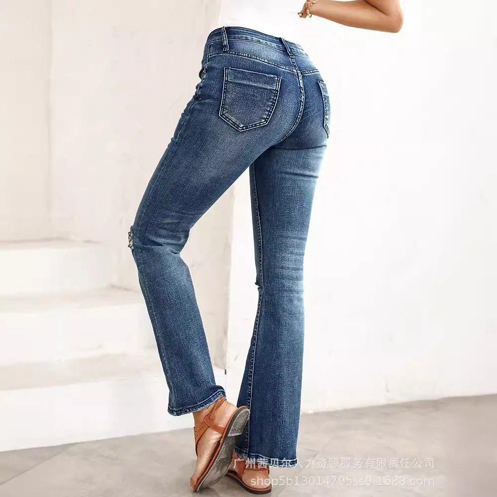 Elegante jeans de emenda, calça comprida, slim fit, sexy, casual sólido, apertado, cintura alta, buraco, calças lare, verão