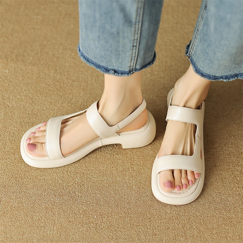 Meotina Women Genuine Leather Sandals Round Toe Platform Flats Sheepskin Buckle Concise Ladies Casual Shoes Summer Beige Blue