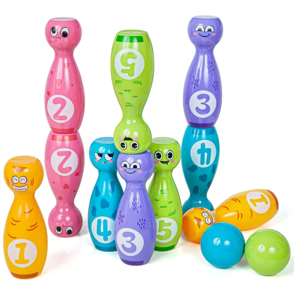 Set di giocattoli da bowling per bambini con espressioni divertenti dei cartoni animati e squisita tecnologia di stampa del tampone, include 10 bottiglie e 2 palline