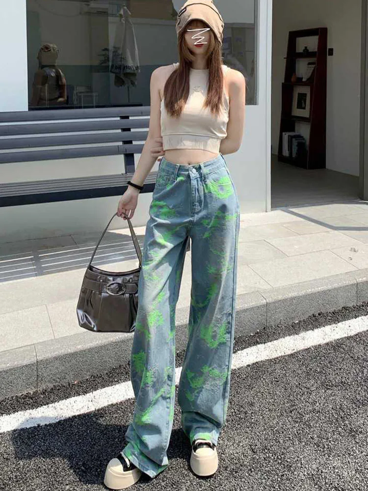 Jeans ricamati streetwear moda vintage a vita alta dritti gamba larga Vaqueros pantaloni denim coreani casual da donna retrò