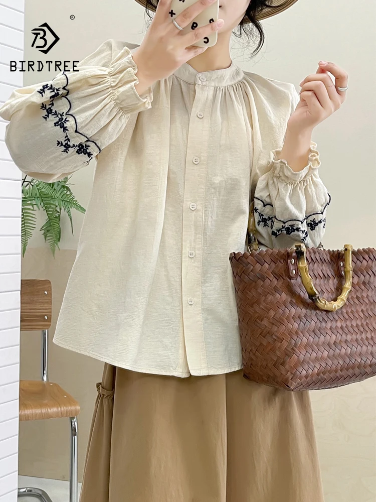 

New 2025 Autumn Cotton Long Sleeve Shirt, Women O Neck Embroidery, Mori Girl Ethnic Style Retro Casual Loose Blouse T57822CC