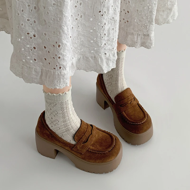 

Vintage Women Chunky Loafer Shoes Concise Shallow Slip on Shoes 2026 New Spring Ladies Platform Height Increase Dress Pumps