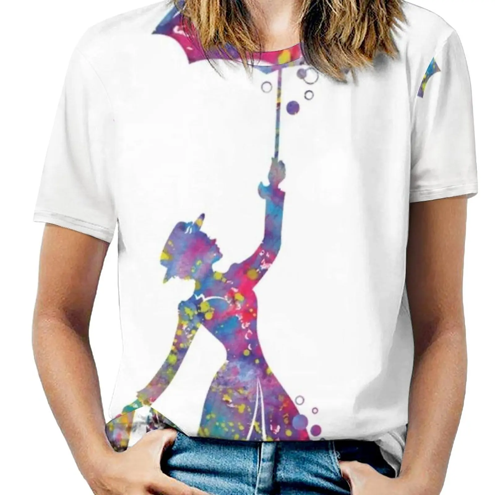 Mary Poppins Woman'S T-Shirt Spring And Summer Printed T Shirts Crew Neck Pullover Top Mary Poppins Silhouette Watercolor Mary