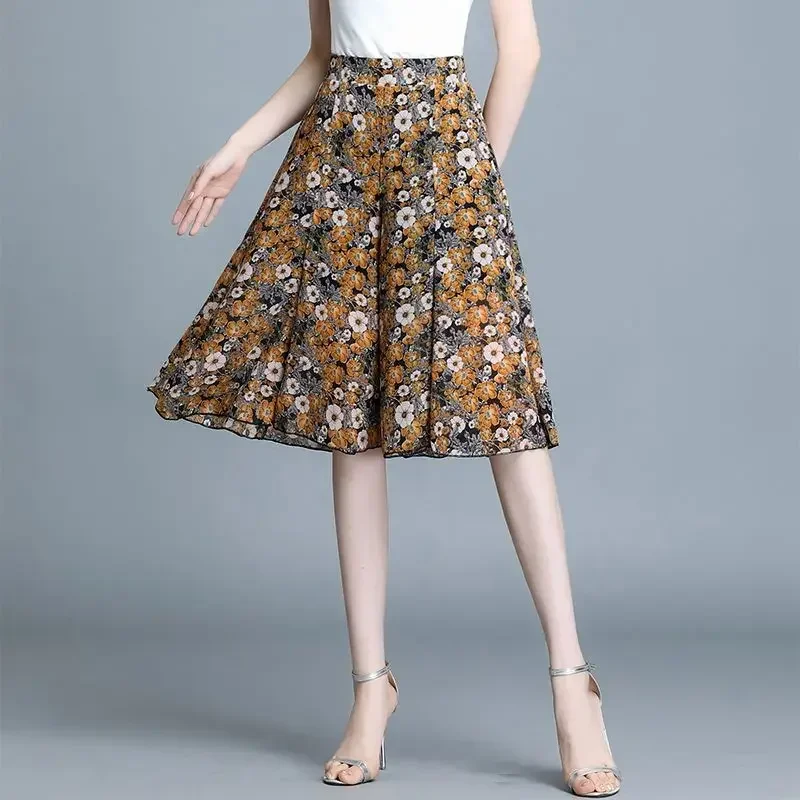 

Summer New Chiffon Floral Knee Length Pants Thin High Waist Printing Loose Pants Casual Fashion Women Clothing Z846
