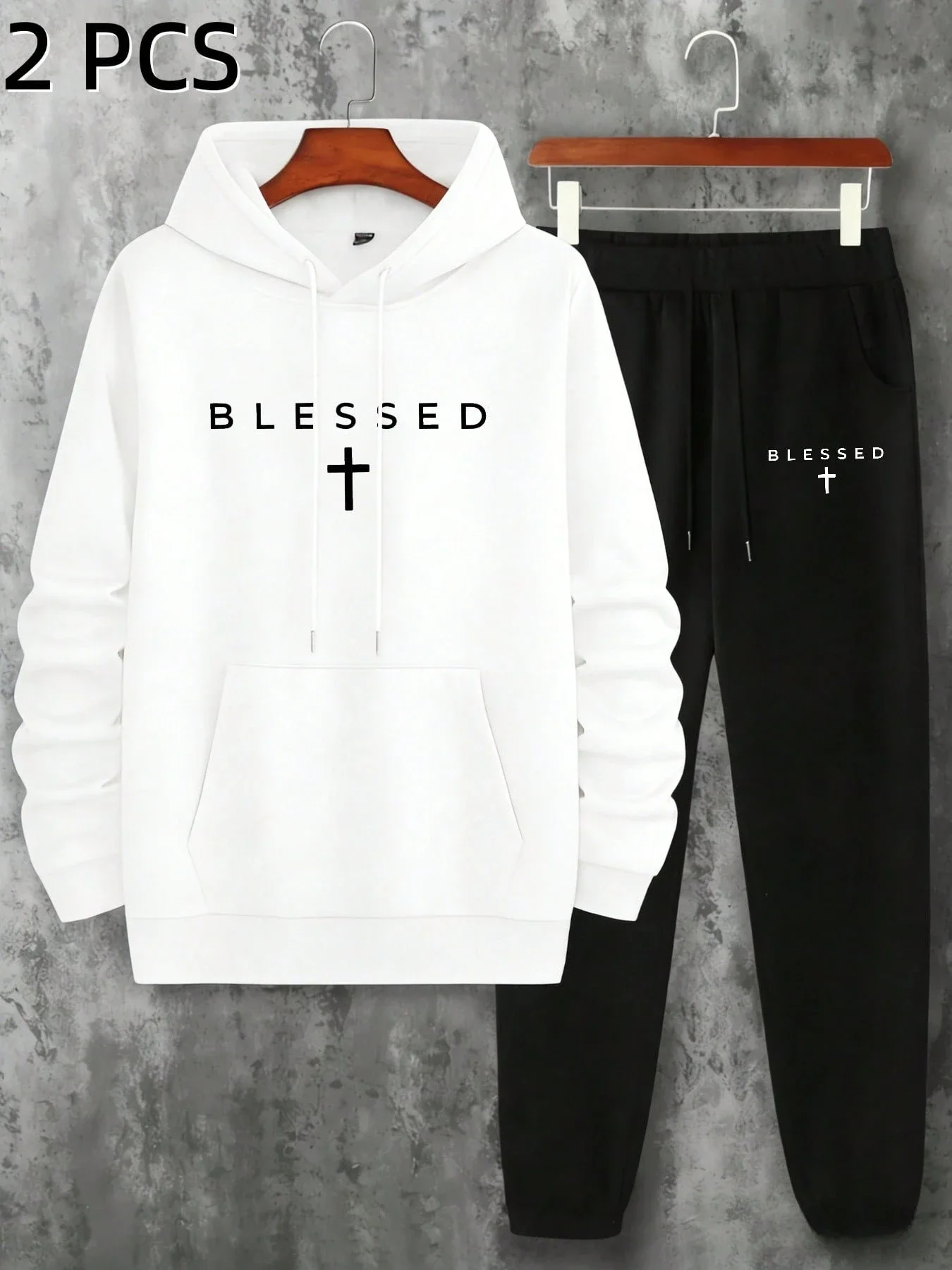 

Мужской комплект из худи и спортивных брюк: повседневный флисовый пуловер с принтом креста