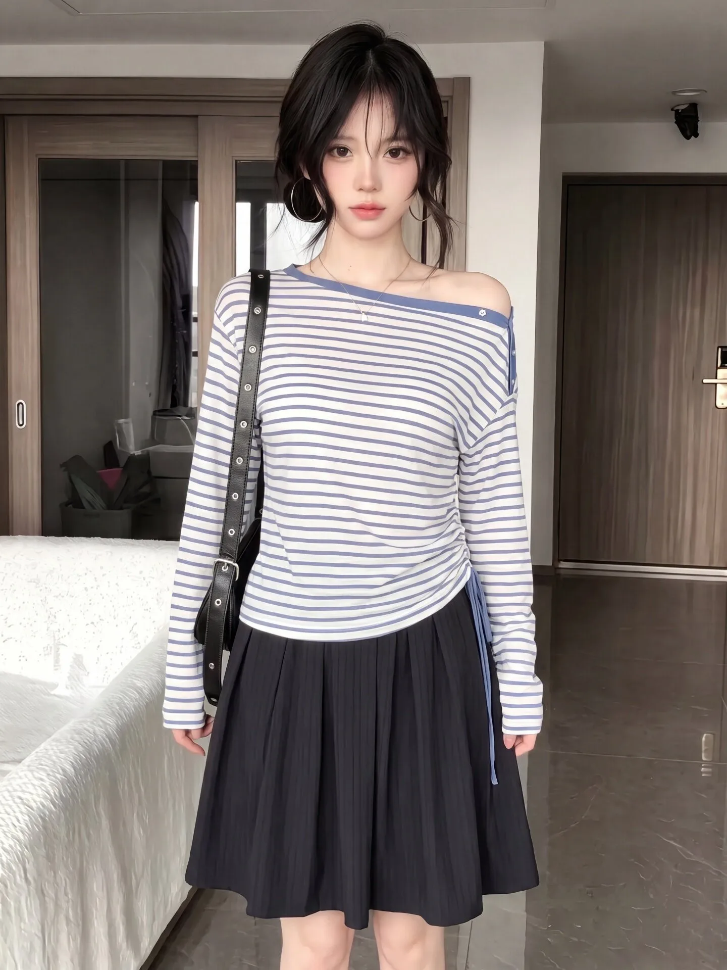 Blue Long Sleeve Women's T-Shirt Slant Collar Slim Fit Beautiful Sun Protection Perfect Top Commute Style Korean Version Univ...
