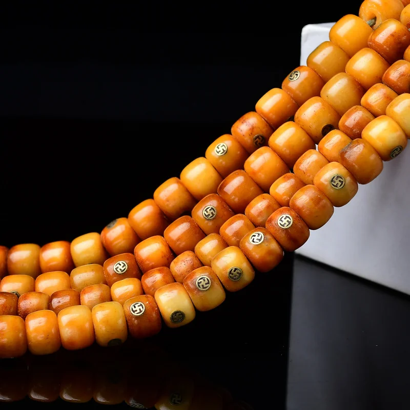 Semi-finished 108- Buddhist rosary with multi-gem inlay and beads, made from reclaimed yak bone plain bead
