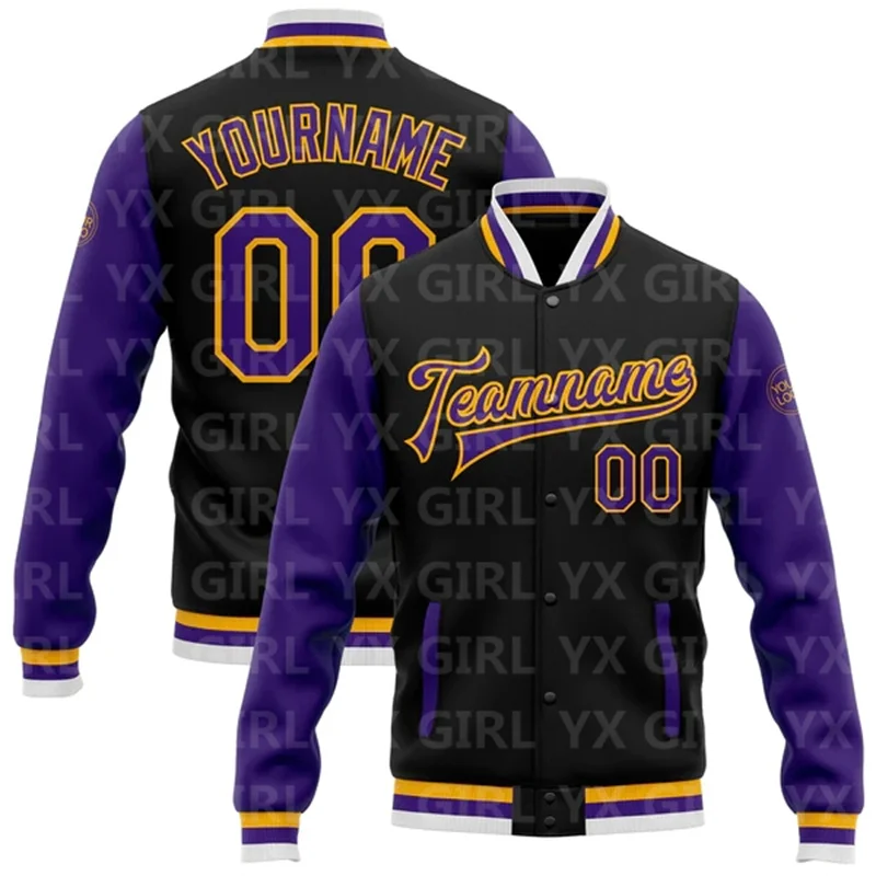 Jaqueta personalizada Bomber Full-Snap Varsity, jaqueta de beisebol, preto, branco, roxo-rosa, Split Letterman, moda