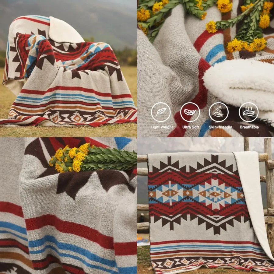 

Aztec Throw Blanket with Soft Sherpa Lining, Traditional Southwestern Navajo Tribal Style Warm Throw for Camping, Outdoor, Cozy