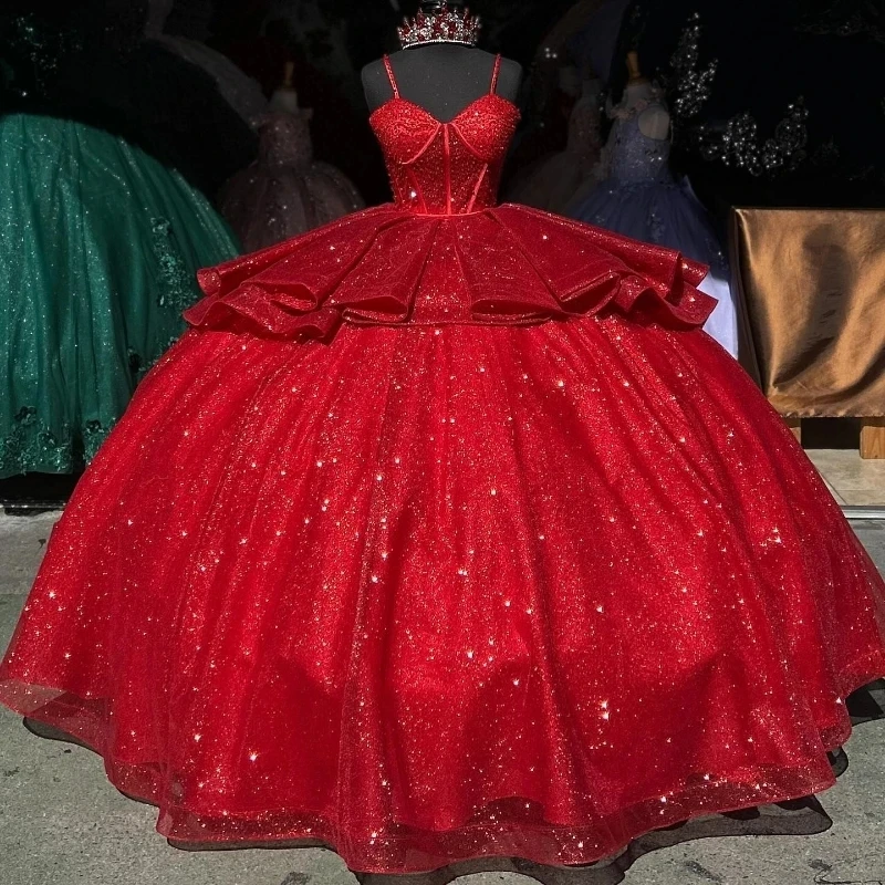 

Red Shiny Quinceanera Dress Spaghetti Strap Princess Beads Crystal Tull Sweet Birthday Party Gown Vestido De 15 Anos