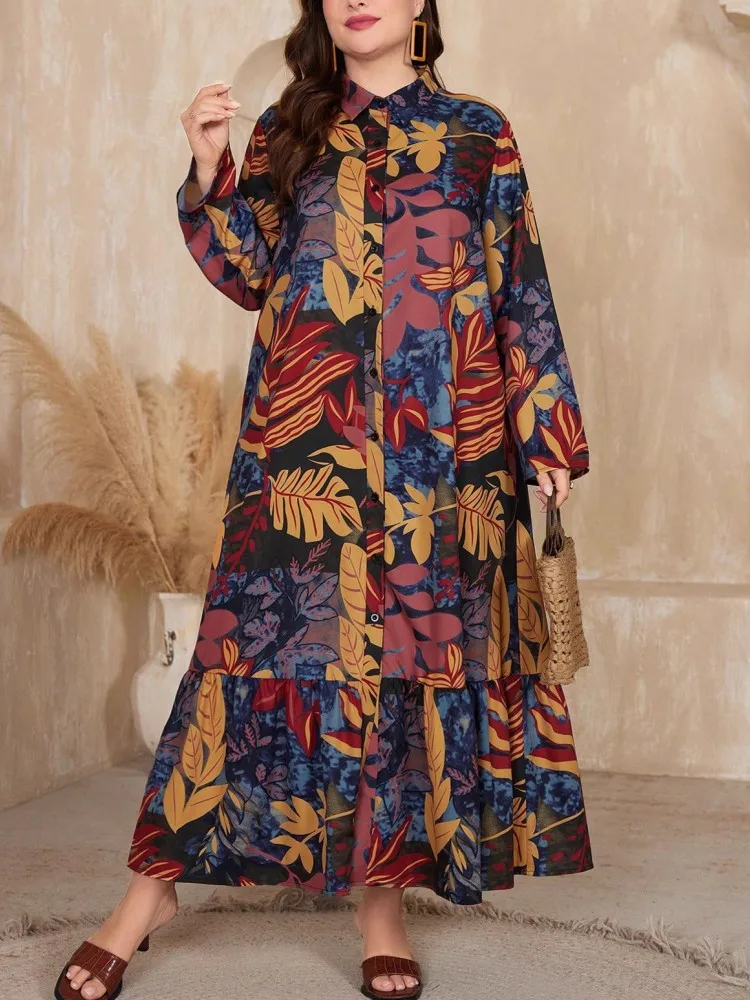 Sukienka maxi plus size na jesień i zimę, nowy wzór, dopasowany krój, elegancki styl, długi rękaw, kołnierzyk, modna, wyszczuplająca.