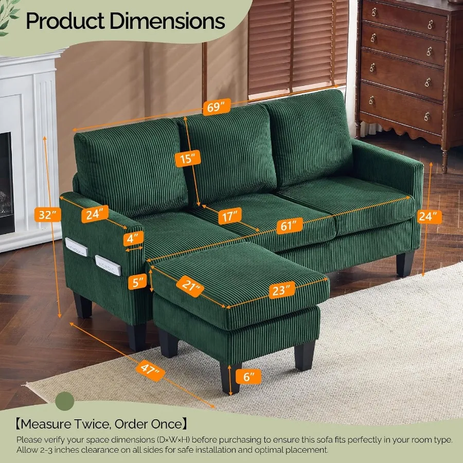 68.5' L Shaped Couch with Movable Storage Ottoman, Convertible Sectional Sofa in Soft Corduroy Fabric, Modern Reversible Chaise