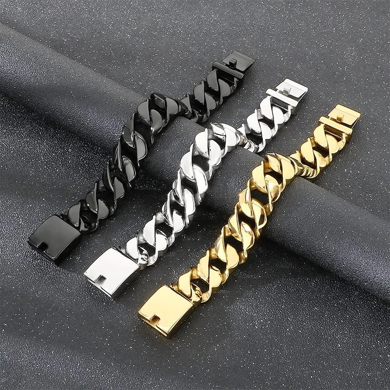 Minimalist Smooth Stainless Steel Cuban Link Bracelet, 21mm Wave Edge Design, European Trendy Domineering Wrist Jewelry for