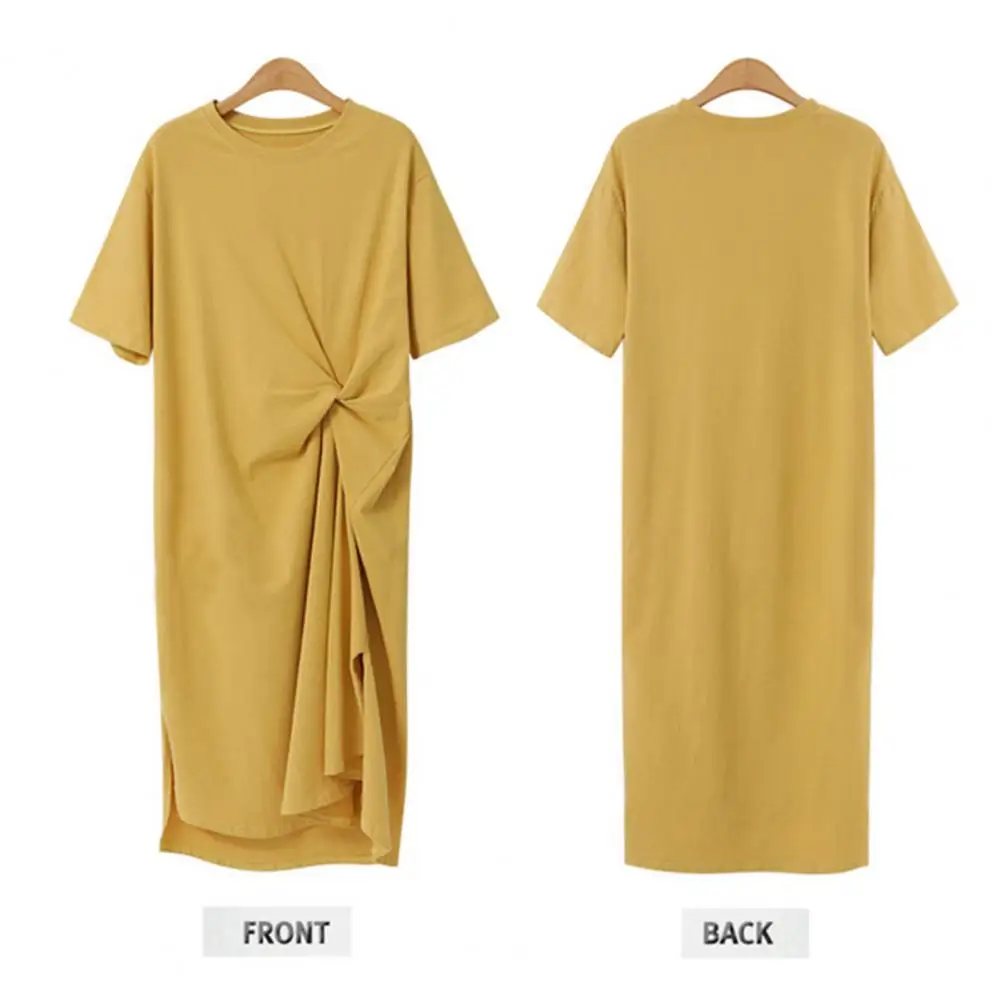 

Women Summer Midi Dress Elegant O-neck Ruched Midi Dress for Women Stylish Short Sleeve Knot Design Work Dress with for Summer