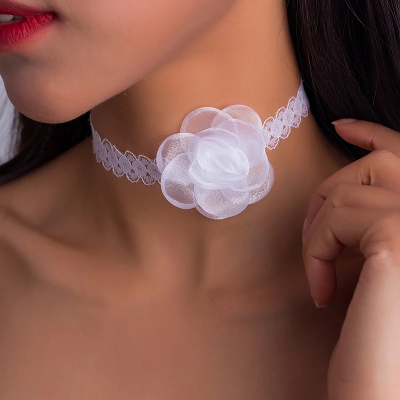 Elegante weiße Spitzenkordel-Halskette für Damen, koreanischer Stil, sexy Blumen-Choker-Halskette, Mädchen-Party-Festival-Schmuck, Geschenke – Detail 1