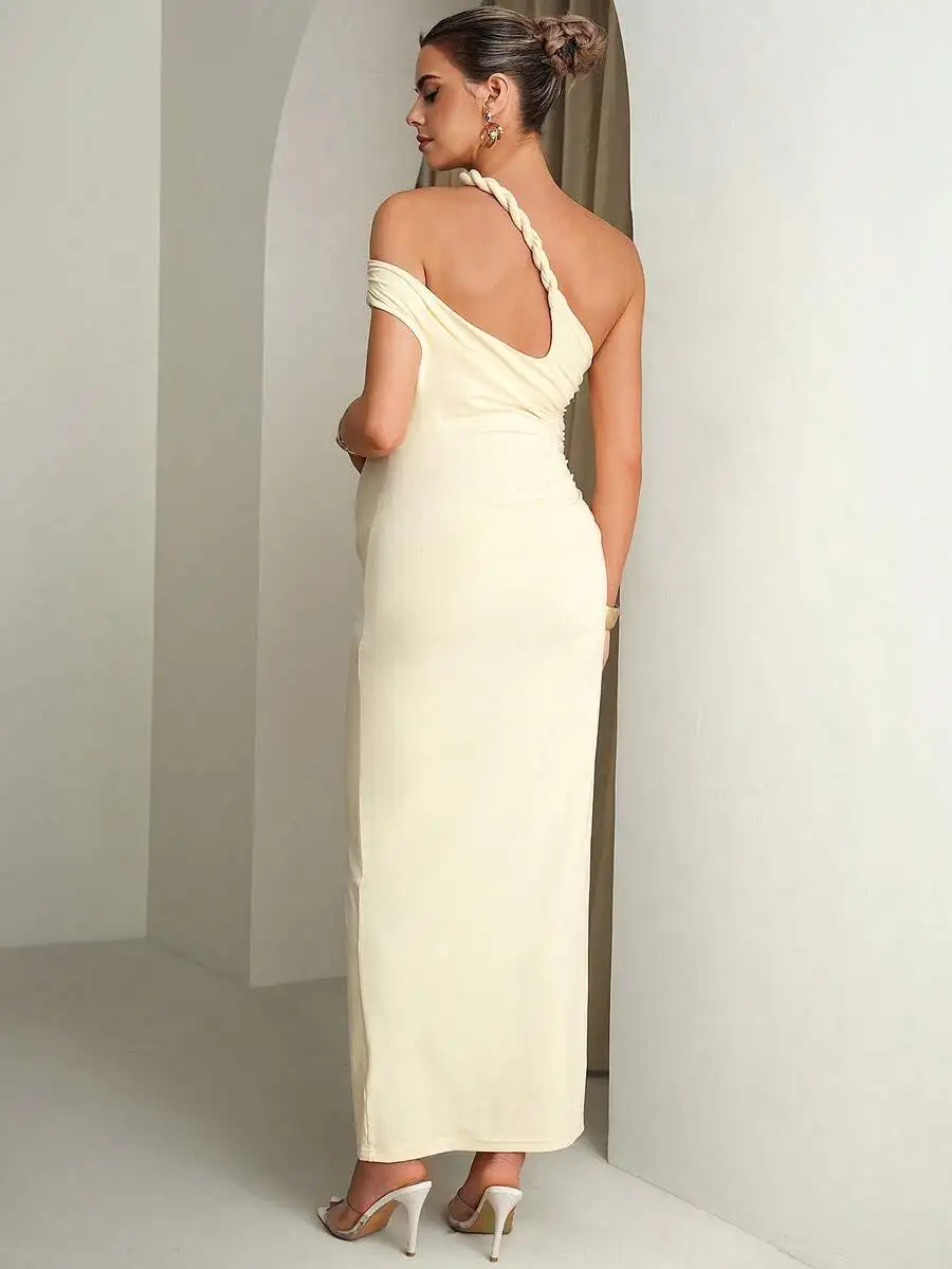 

Elegant One Shoulder Ruched Fitted Solid Color Maxi Dress For Women Summer