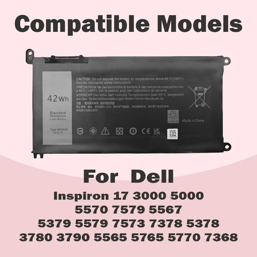 WDXOR WDX0R Battery For Dell Inspiron 13 14 15 17 5000 7000 P69G001 5378 5379 5770 5570 P69G Vostro 5471 42Wh/3684mAh