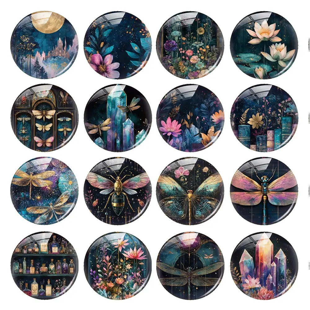 Random Mixed Round/Oval/Square Night Fairy Magic Dragonfly Dear Photo Glass Cabochon Flatback Demo Cameo For Diy Jewelry Making