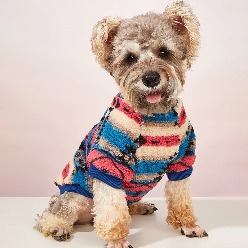 Pawfect Autumn Winter Cat Dog Clothes Plush Cute Striped Polyester Durable Stain Resistant Warm Pet Sweatshirt Small Medium Dogs