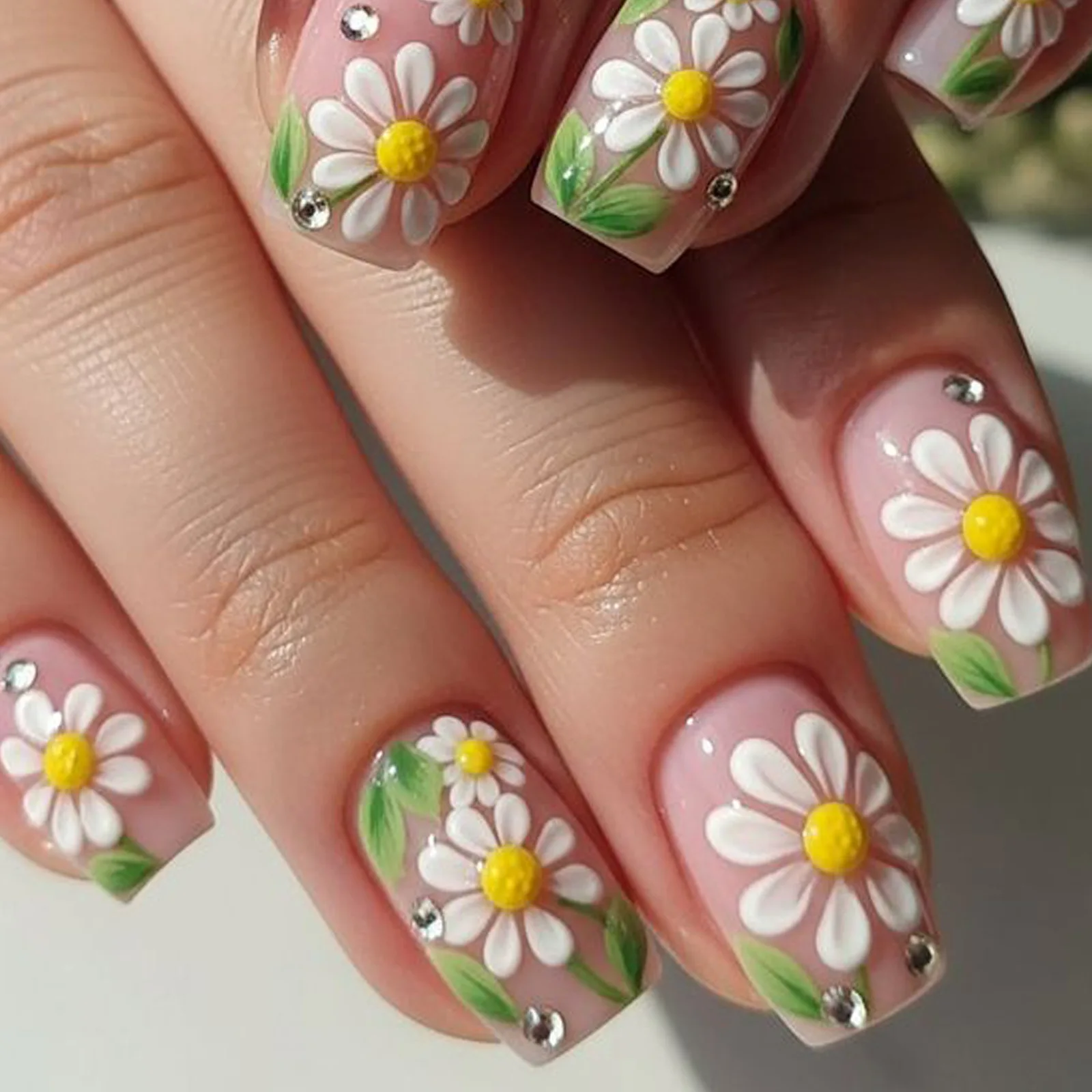 24pcs Square Nails Art Press on Idyllic Blue False Nails Tips Flower Design Pattern Ballet Fake Nail Sets Detachable Manicure