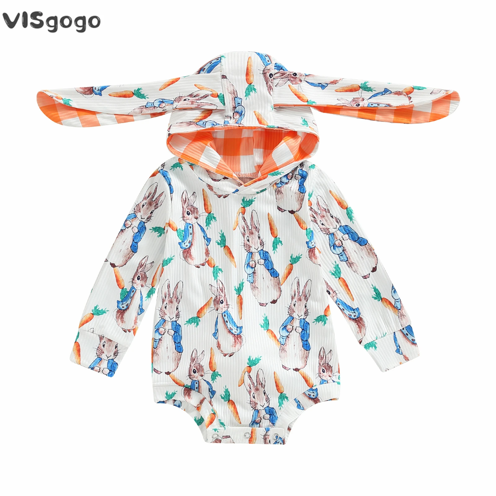 

VISgogo Easter Infant Girls Romper Sweatshirt Rabbit Carrot Print Bunny Long Ears Hooded Long Sleeve Jumpsuits Baby Bodysuits