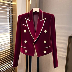 Chic This Year's Popular Pretty Wine Red Velvet Jacket Women Autumn Winter High-end Luxury Short Tops Double-breasted Blazer New