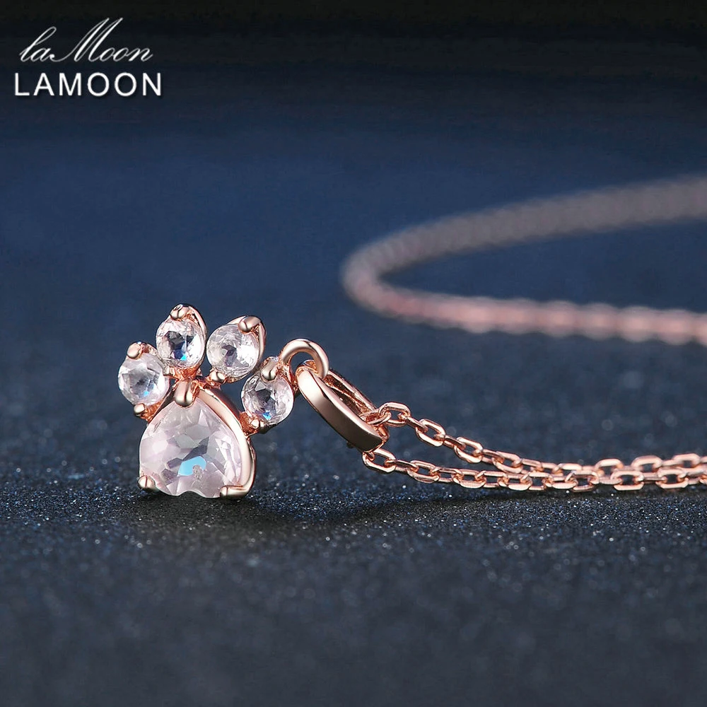 LAMOON Bear\'s Paw Pendant 925 Sterling Silver Necklace Natural Rose Quartz Gemstone Jewelry Rose Gold Chain Necklaces LMNI027