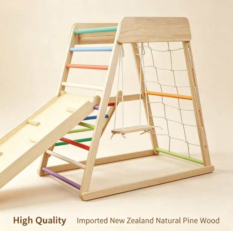 Wooden Indoor Playground Climbing Gym Slide Swing Set Natural Solid Wood Toddler Playset for Small House Baby Family Room