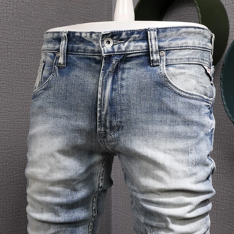 Fashion Vintage Men Jeans High Quality Plain Washed Retro Light Blue Elastic Slim Ripped Jeans Men Designer Denim Pants Hombre