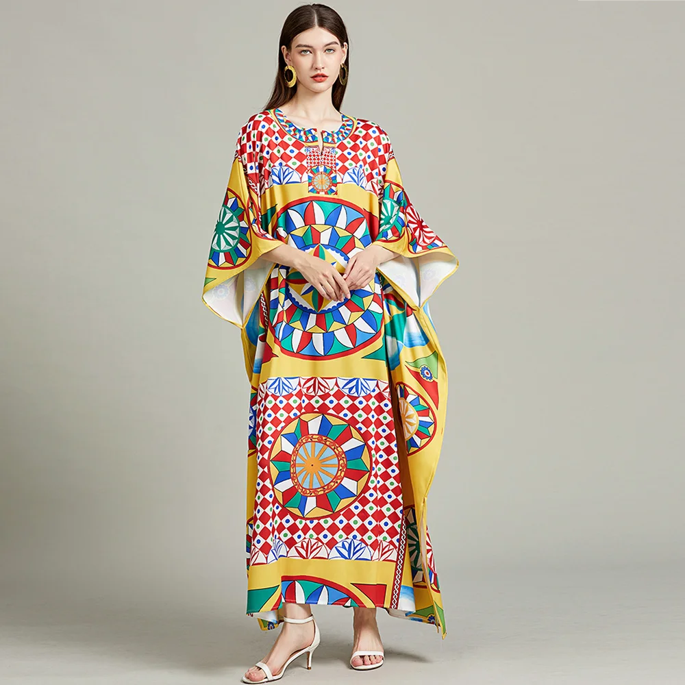 

Summer Runway Irregular Loose Dress Women's Bawting Sleeve Colorblock Print Holiday Beach Side Split Long Robe Vestidos