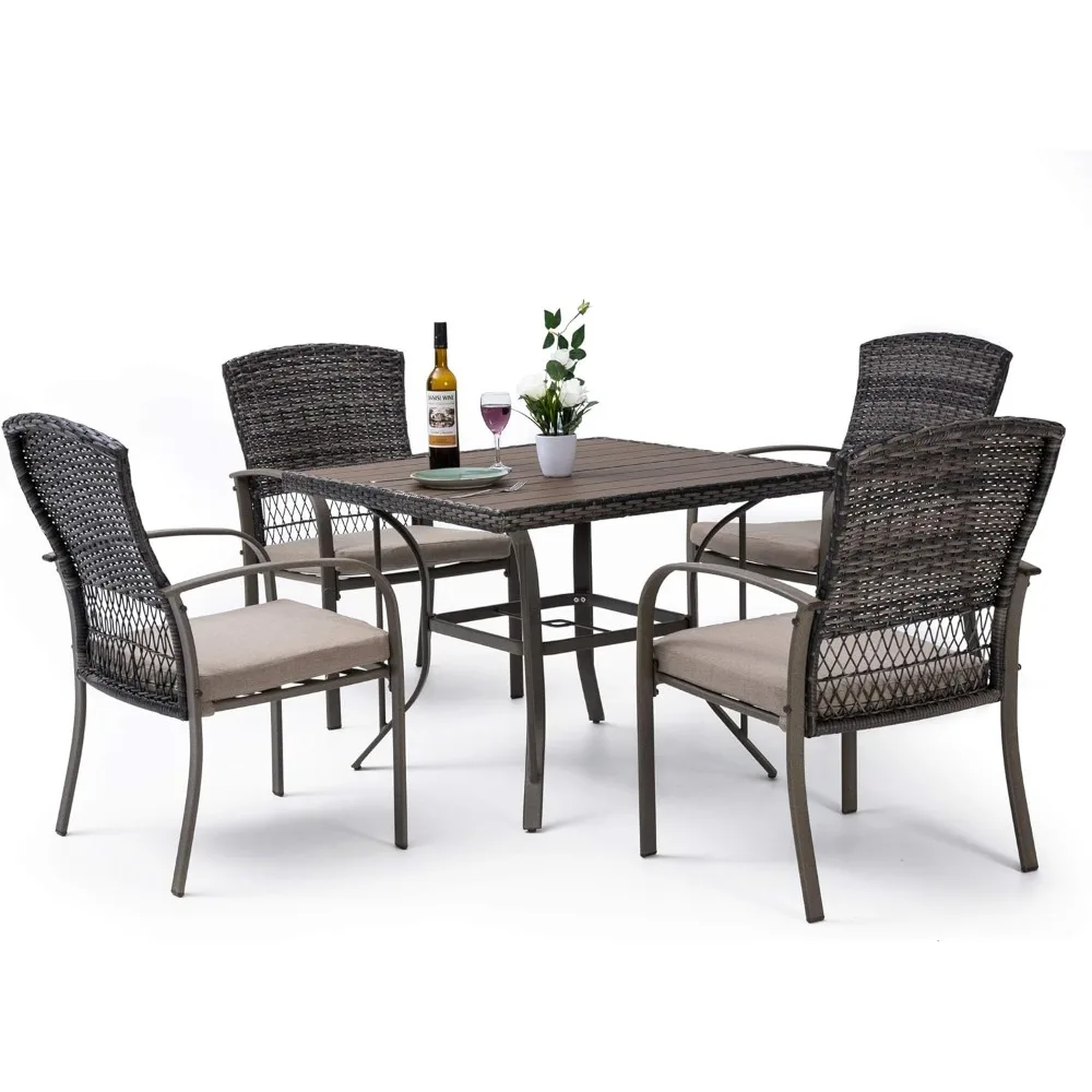 Outdoor Piece Patio Dining Set, Weather Resistant PE Rattan Table and Chairs, Comfortable Cushions, 5 PCS